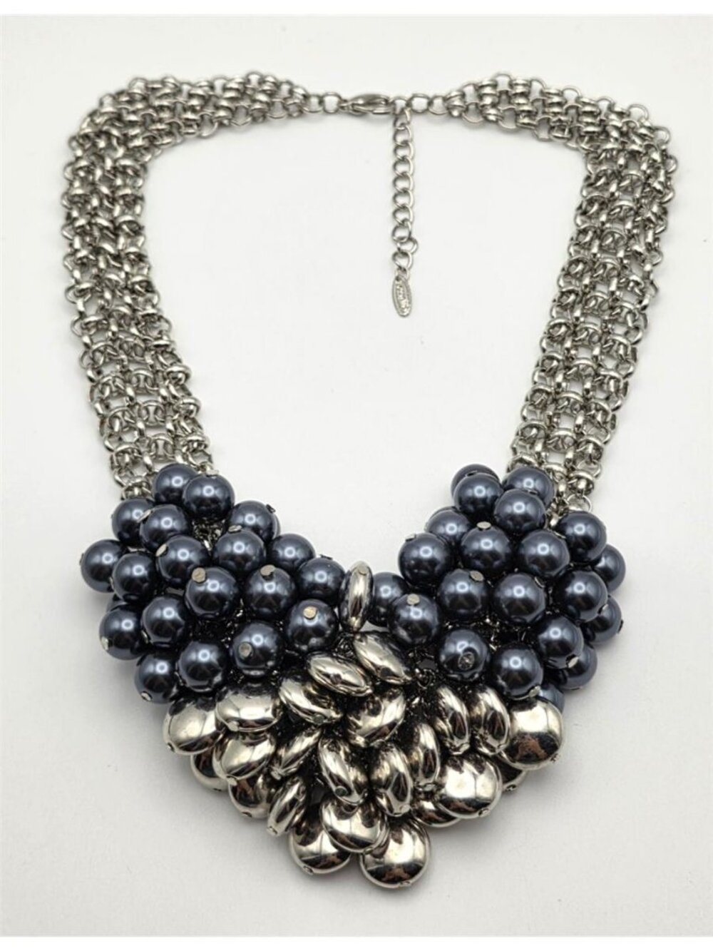 VCLM Silver Tone Slate Blue Gray Faux Pearl Cluster Bib Necklace Statement 17 in